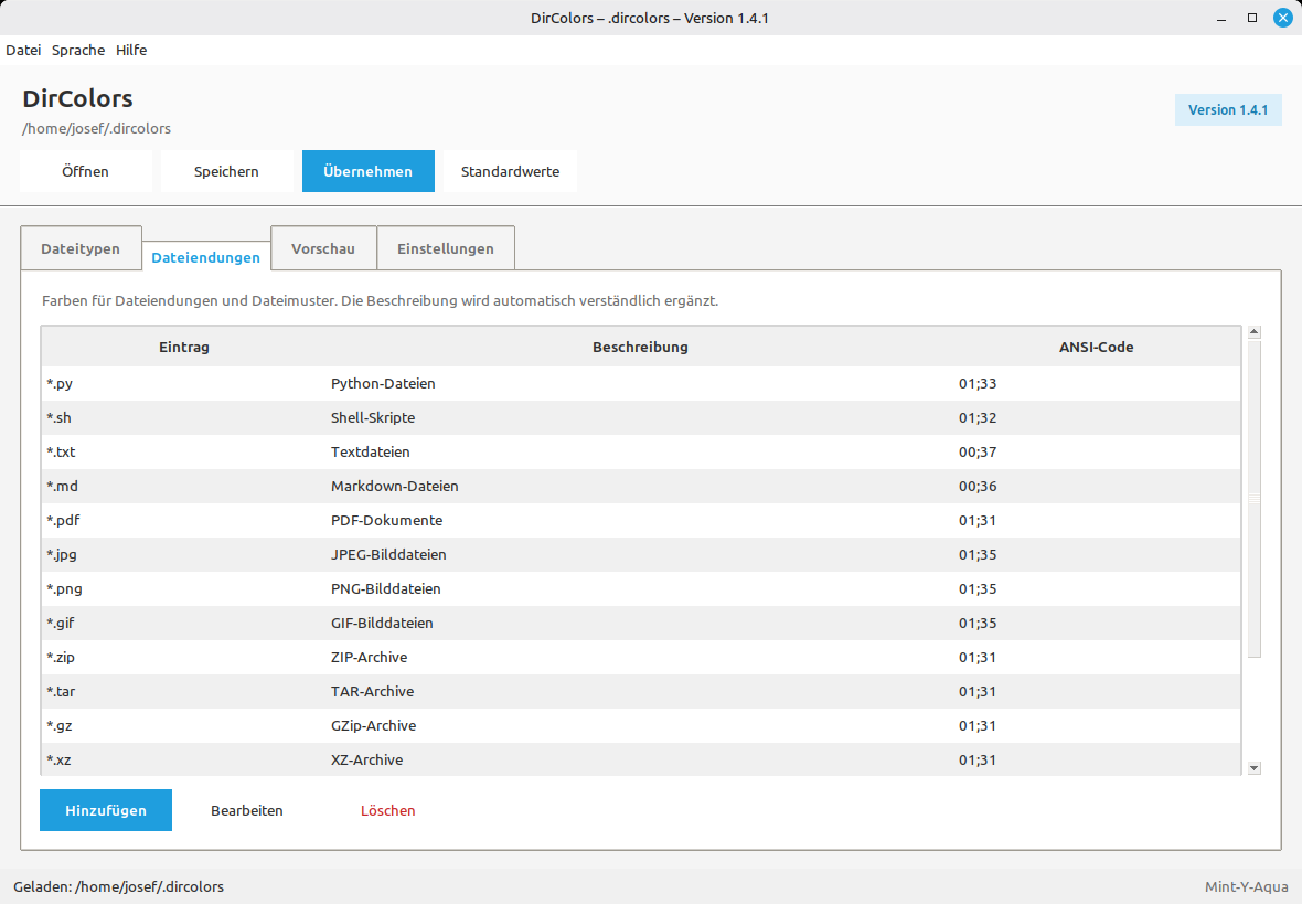 DirColors File extensions tab