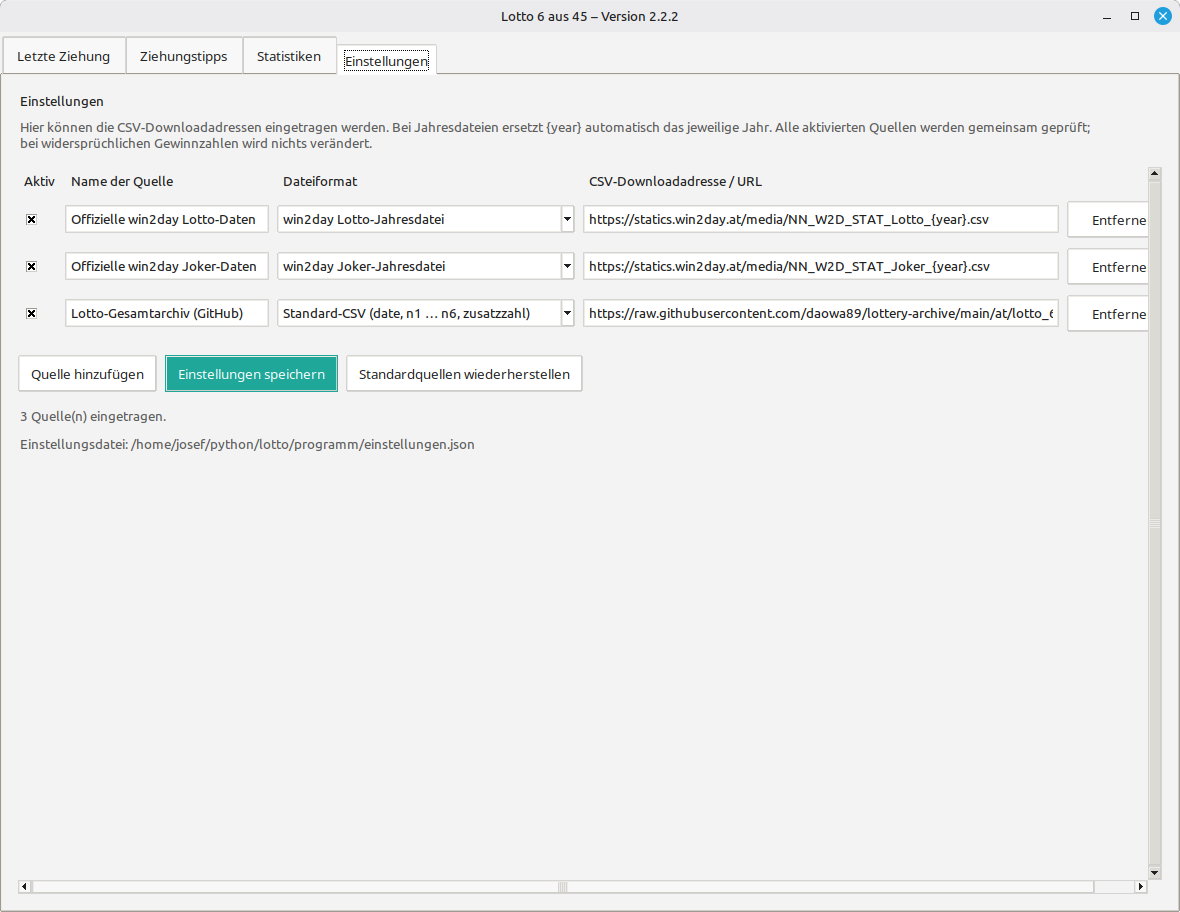 Lotto settings with enabled CSV sources and download addresses