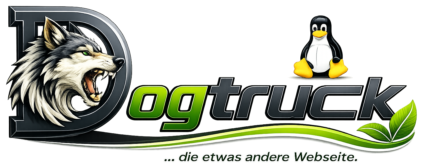 Dogtruck-Logo mit Wolf im Buchstaben D, Linux-Pinguin und grünem Blattmotiv